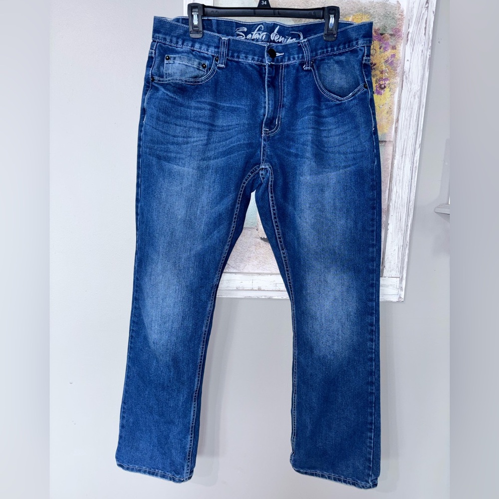 Safari Denim Men’s Straight Jeans Size 36X32 Whisking & Fade Stretch